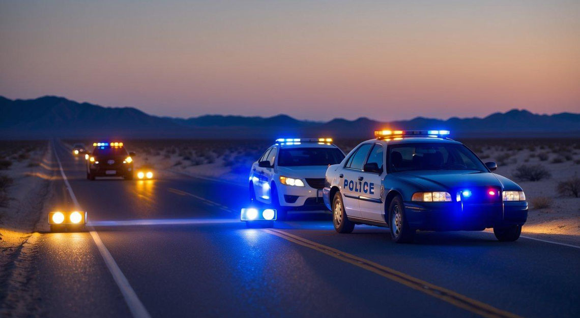 A car pulled over by police with flashing lights on a deserted desert road at night