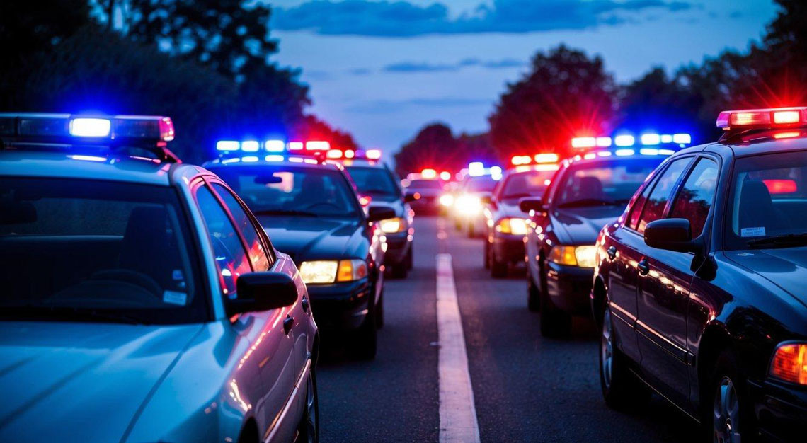A car pulled over by police with red and blue lights flashing