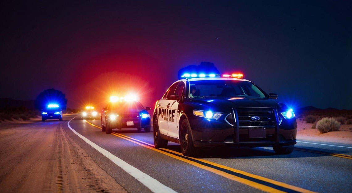 A car pulled over by police with flashing lights on a desert road at night